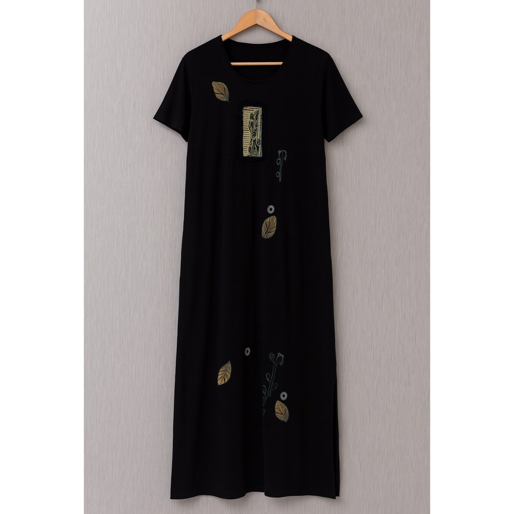 Vintage Focus USA sz XL Women 100% Cotton Black Patchwork Maxi Dress Boho Casual